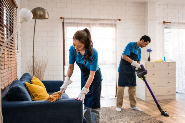 Two cleaners in aprons cleaning a living room: dusting and vacuuming.